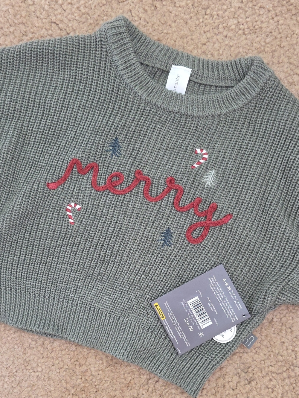 Holiday 'Merry' Embroidered Crewneck Sweater - Olive Green